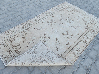 Handwoven Turkish Oushak Rug 4x7: Beige Wool, Bohemian Style