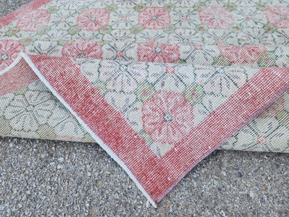 5x9 Vintage Area Rug, Turkish Wool Hand Knotted, Faded Red And Green Carpet