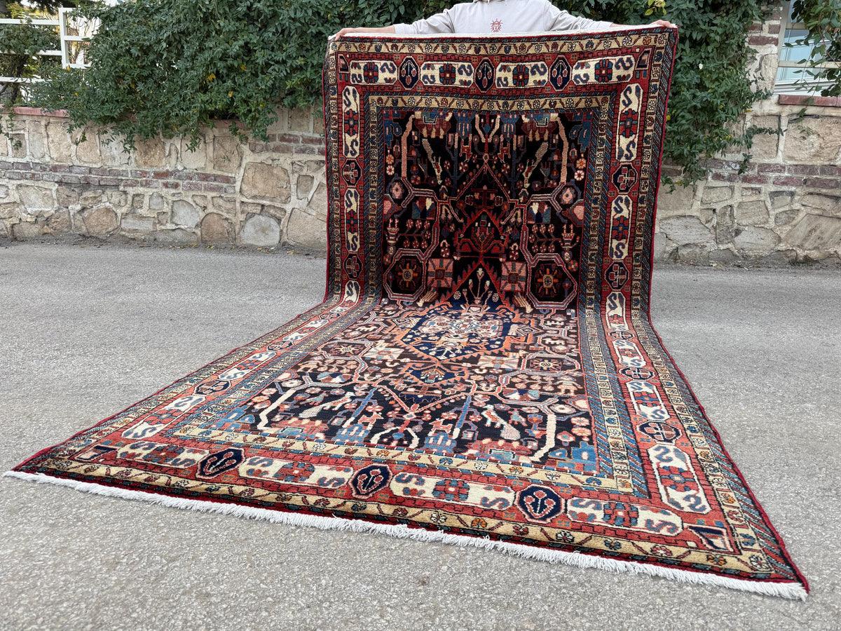 Antique Heriz Rug 5x10: Soft Wool Hand Knotted, Navy and Faded Red