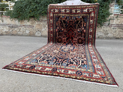 Antique Heriz Rug 5x10: Soft Wool Hand Knotted, Navy and Faded Red