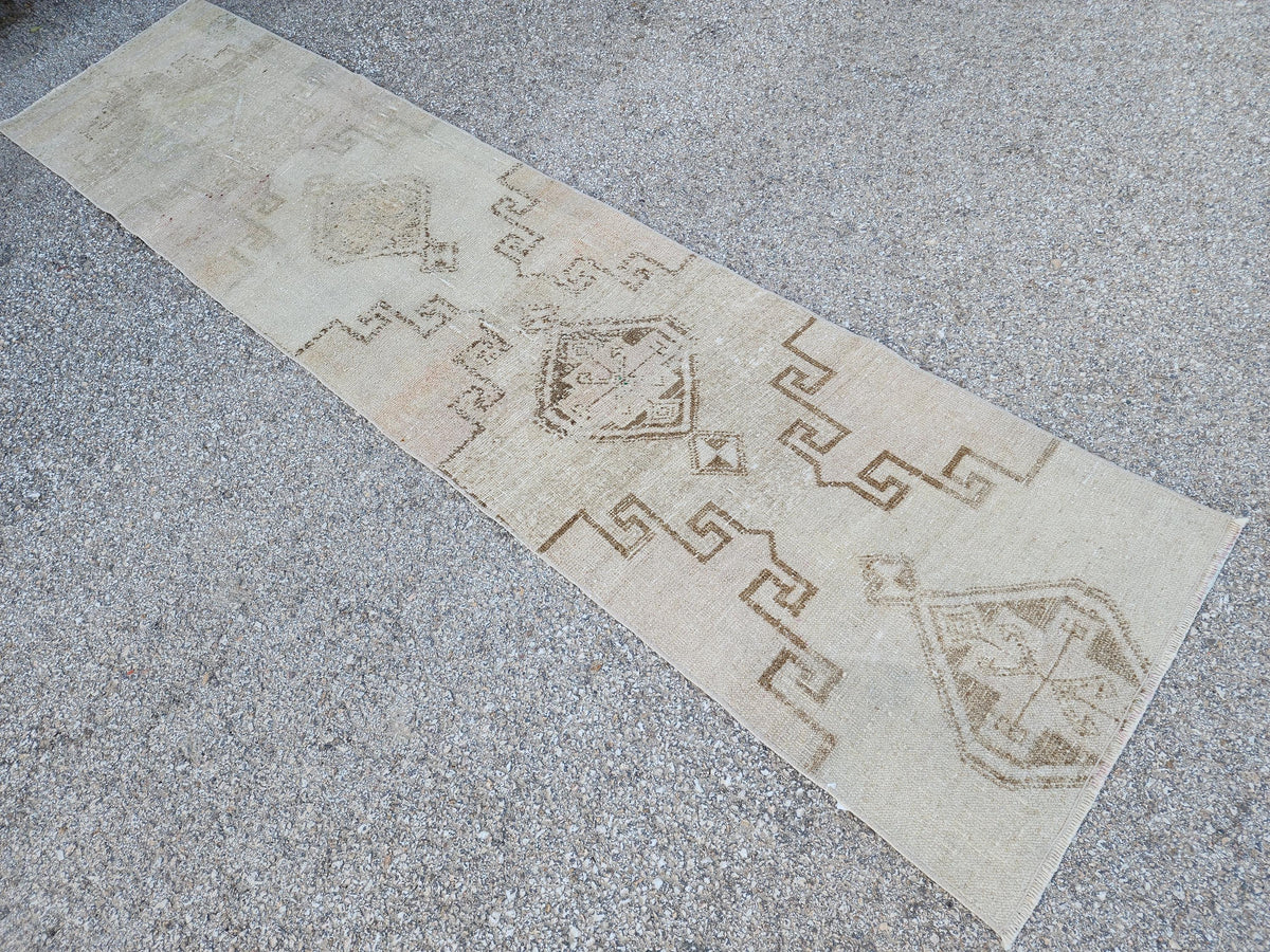 Hand Knotted Turkish Runner Rug 2x9: Neutral Geometric Farmhouse Decor