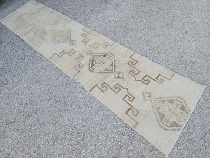 Hand Knotted Turkish Runner Rug 2x9: Neutral Geometric Farmhouse Decor