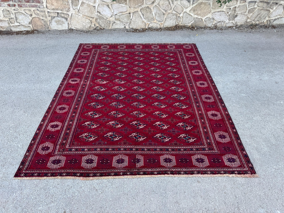 7x9 Handwoven Turkish Wool Rug: Vintage Red Accent Rug