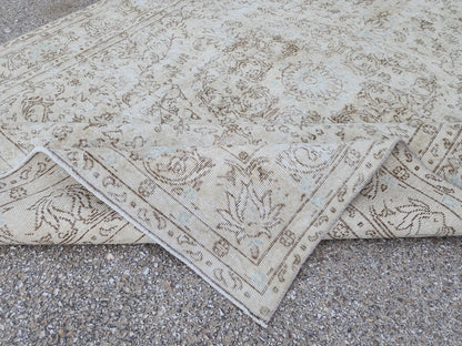 Handwoven Turkish Oushak Rug 7x10: Beige Wool, Rustic Decor
