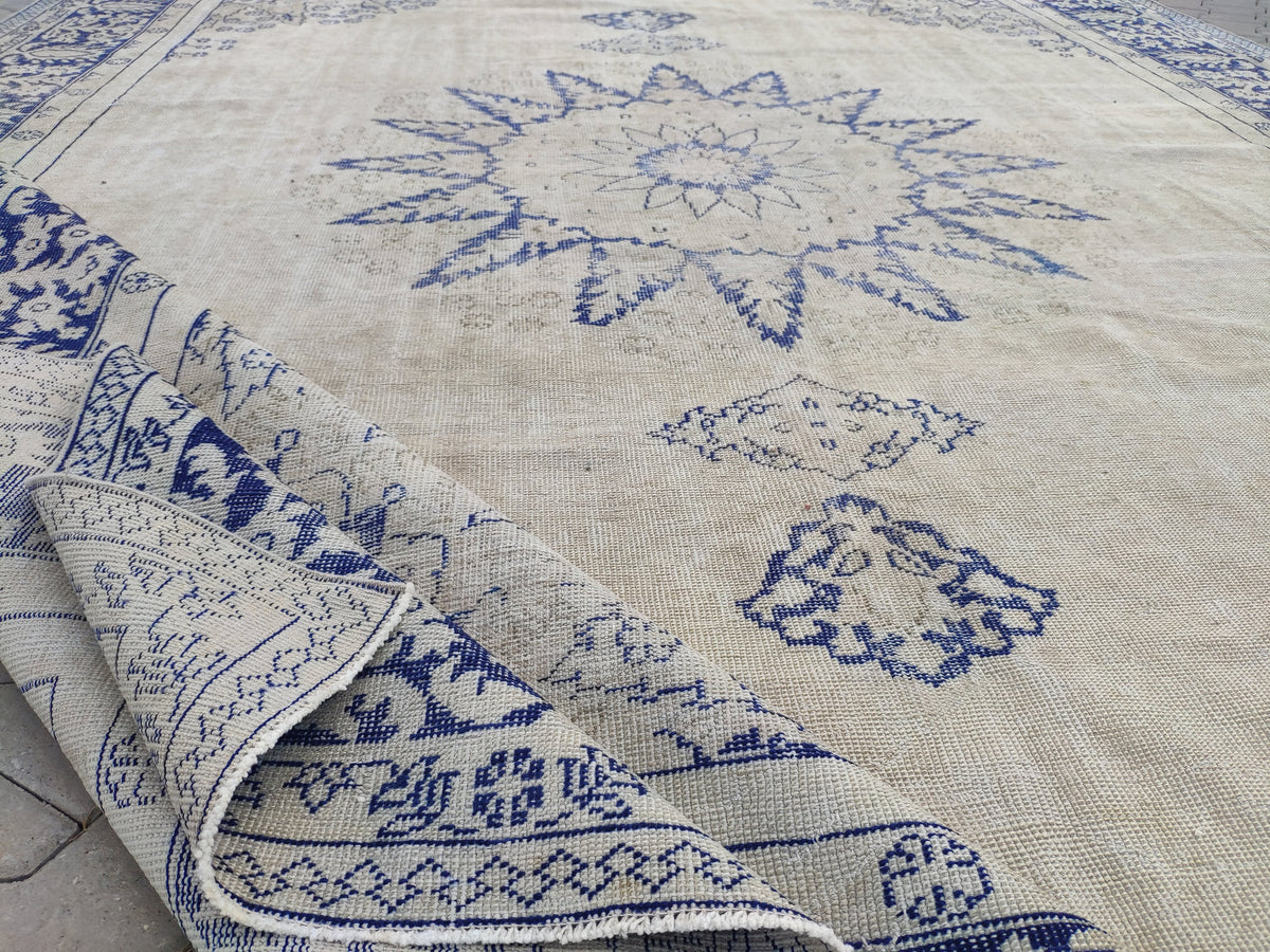 10x13 Handwoven Turkish Oushak Rug, Blue Wool Area Rug, Neutral Oversize Home Decor