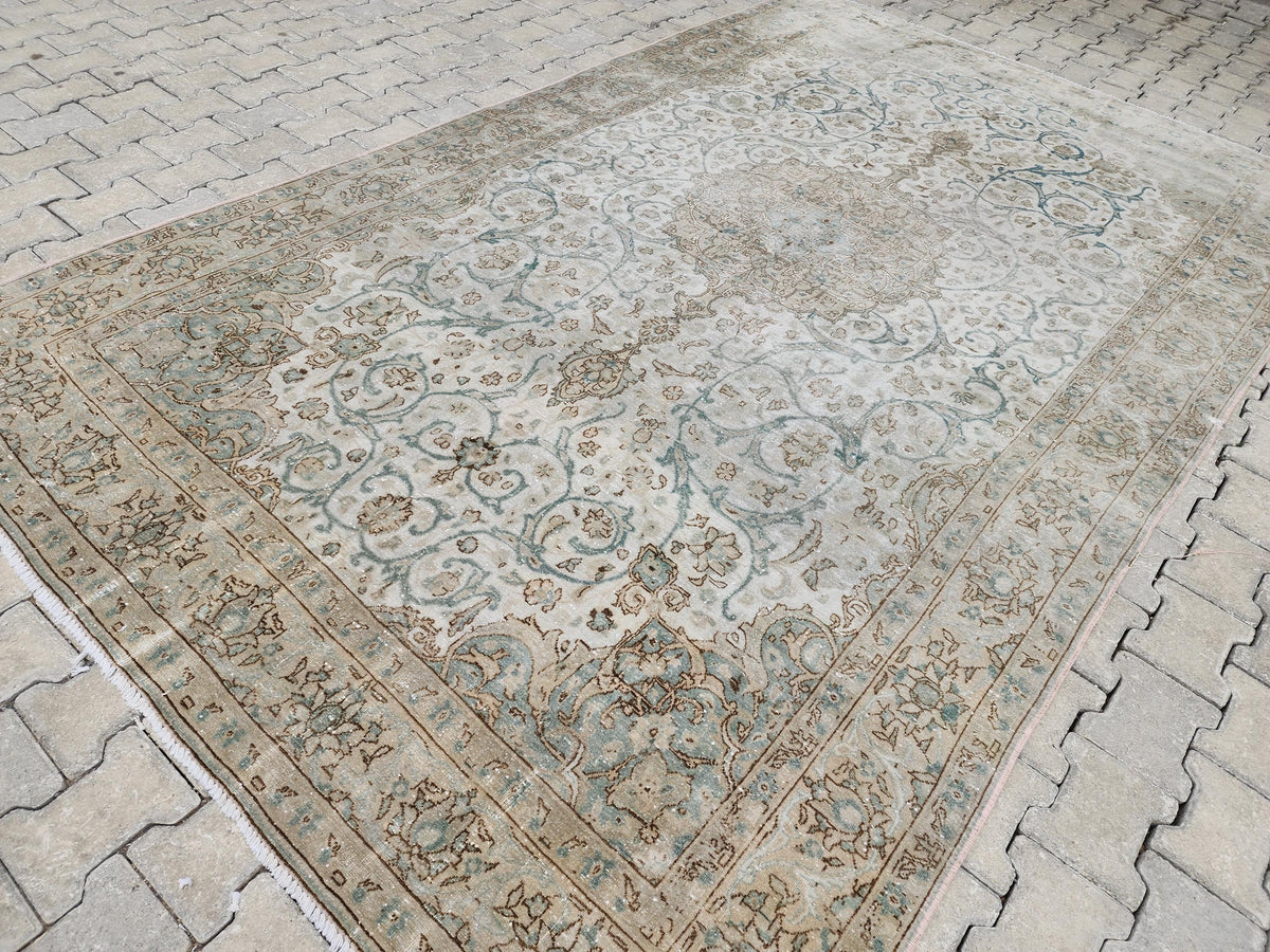 6x11 Neutral Vintage Rug: Green Floral Design Persian Border Design, Hand Knotted