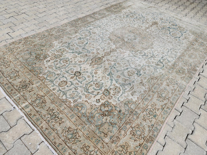 6x11 Neutral Vintage Rug: Green Floral Design Persian Border Design, Hand Knotted