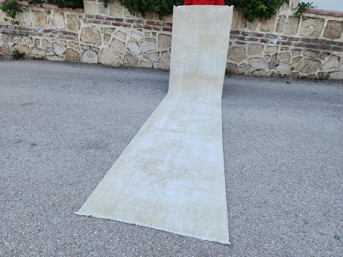 Neutral Turkish Wool Runner Rug 2x11: Hand-Knotted Bohemian Hallway Decor