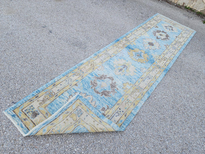 Oushak Wool Runner 3x11: Patina Blue Turkish Entry Rug, Oriental Home Decor