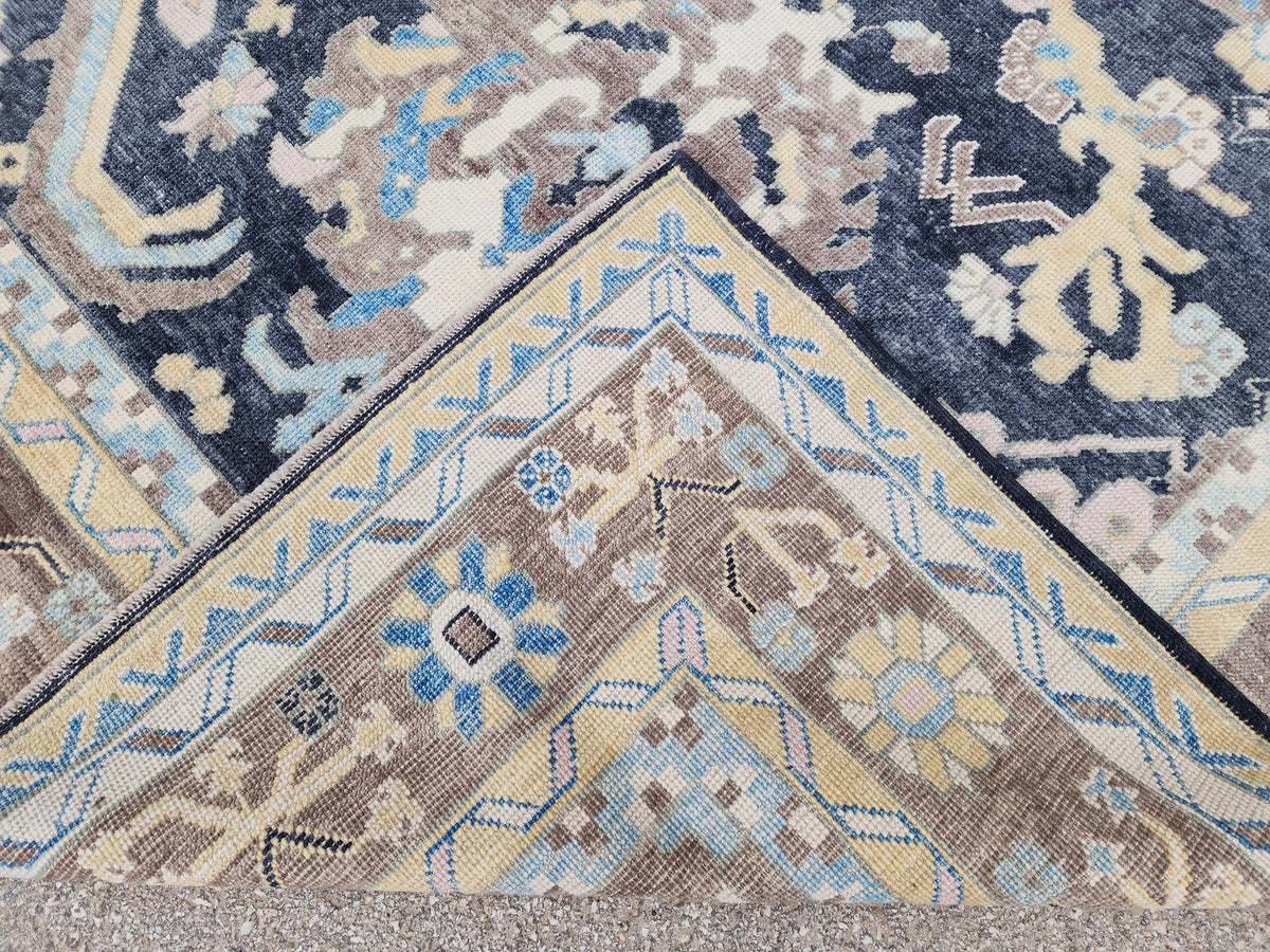 8x11 Navy Blue Oushak Rug: Handwoven Turkish Wool Medallion design, Patina Blue Home Decor