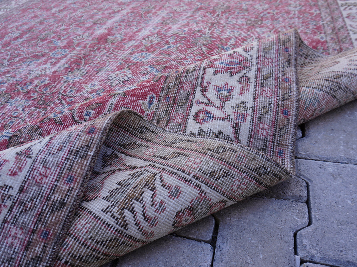 Vintage Turkish Oushak Rug 7x10: Handwoven Wool & Cotton Faded Red Rug
