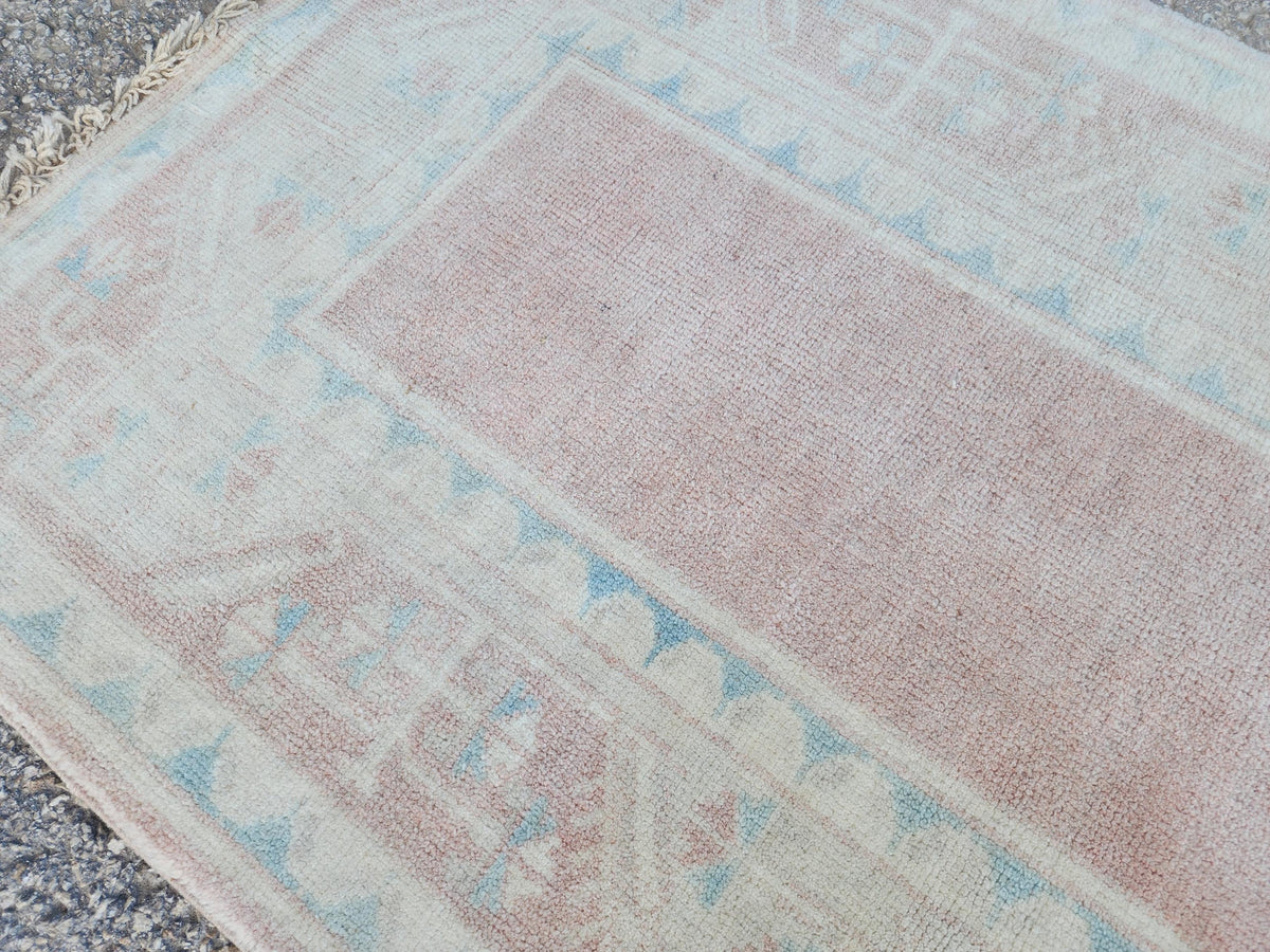 2x4 Mini Runner Rug, Oriental Hand Made Carpet For Boho Decor, Beige and Faded Red