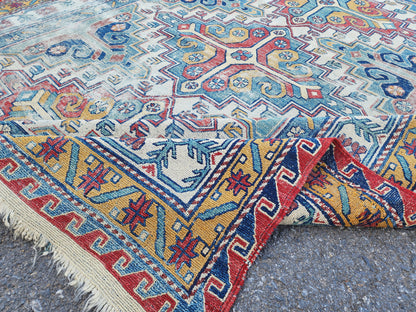 5x8 Antique Soumak Rug, Handwoven Wool Bohemian Eclectic Area Rug, Neutral Accent Decor