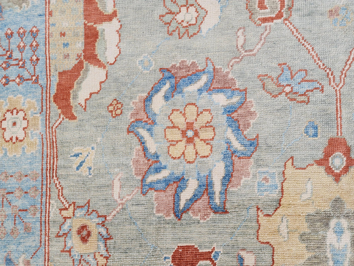 8x10 Oushak Rug, Handwoven Turkish Wool, Light Blue Terracotta Floral, Living Room Decor