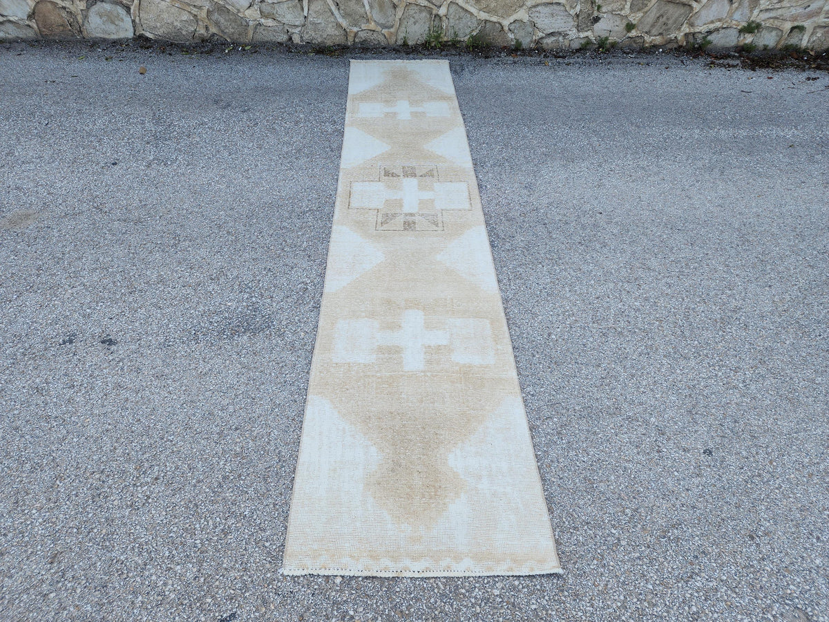 2x13 Neutral Turkish Runner Rug: Boho Hallway Decor