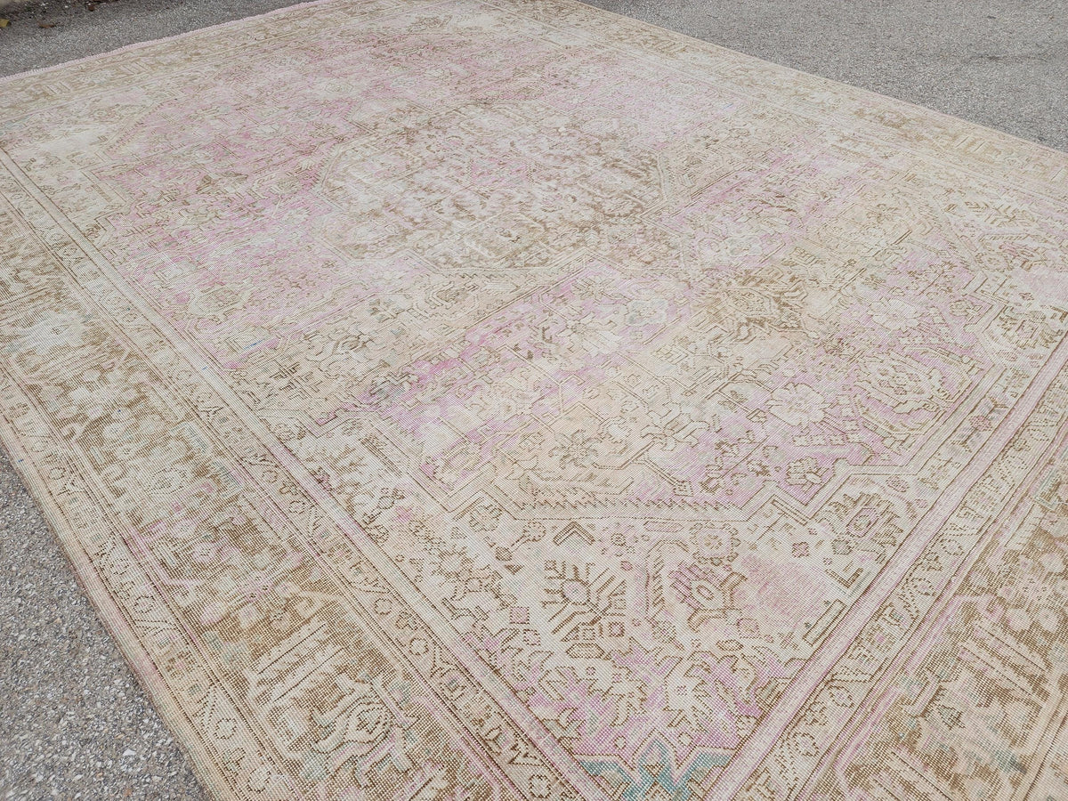 Vintage Hand Knotted Wool Rug 9×12 ft, Beige Geometric Oriental Persian Traditional Carpet