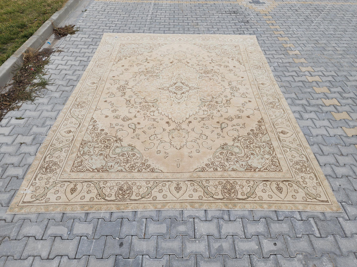 9x12 Neutral Rug, Hand Knotted Medallion Design Carpet, Beige and Brown