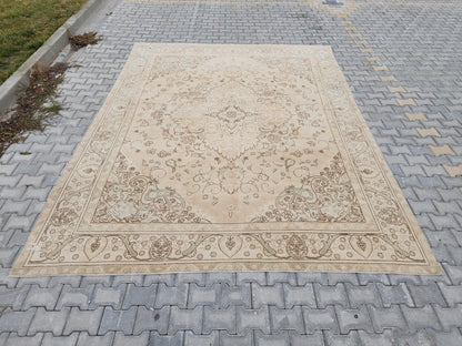 9x12 Neutral Rug, Hand Knotted Medallion Design Carpet, Beige and Brown