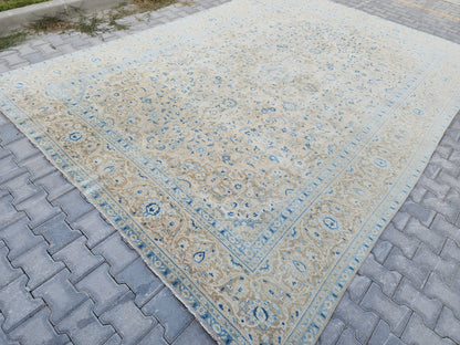 Oversized Vintage Rug 9x13: Hand Knotted Wool, Neutral Blue & Cream