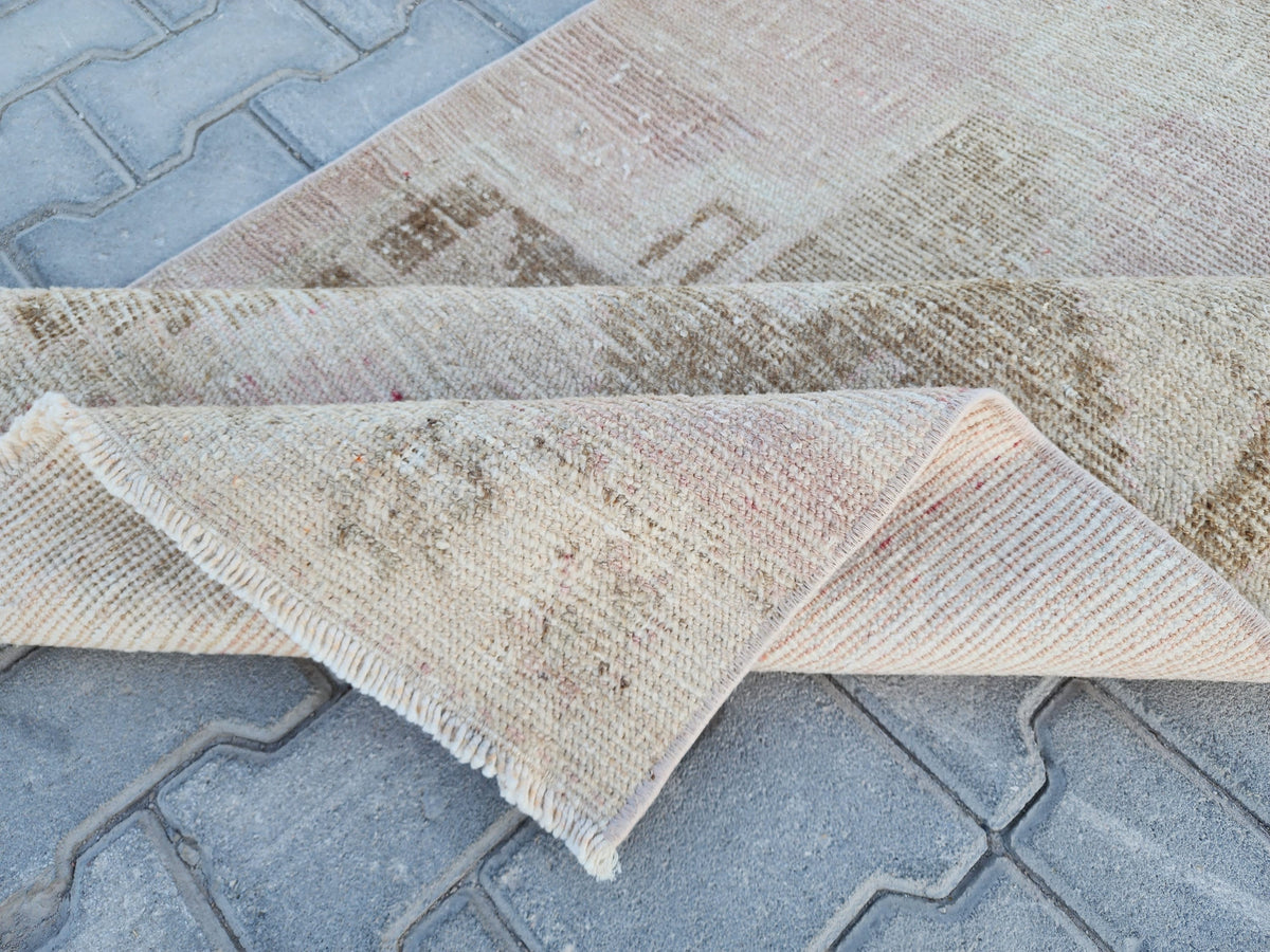 3x11 Turkish Runner Rug: Hand Woven Wool Neutral Beige with Subtle Geometric Pattern