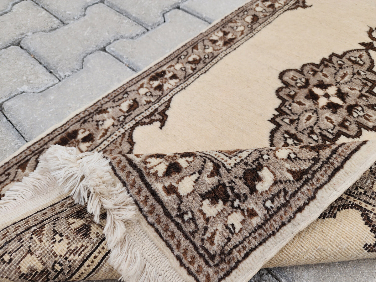 Vintage Turkish Oushak Rug 1x3: Beige Ottoman Wool Rug