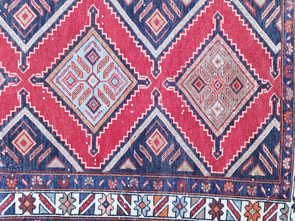 Vintage Hand Woven Rug 3x10: Red and Navy Blue, Persian Geometric Design