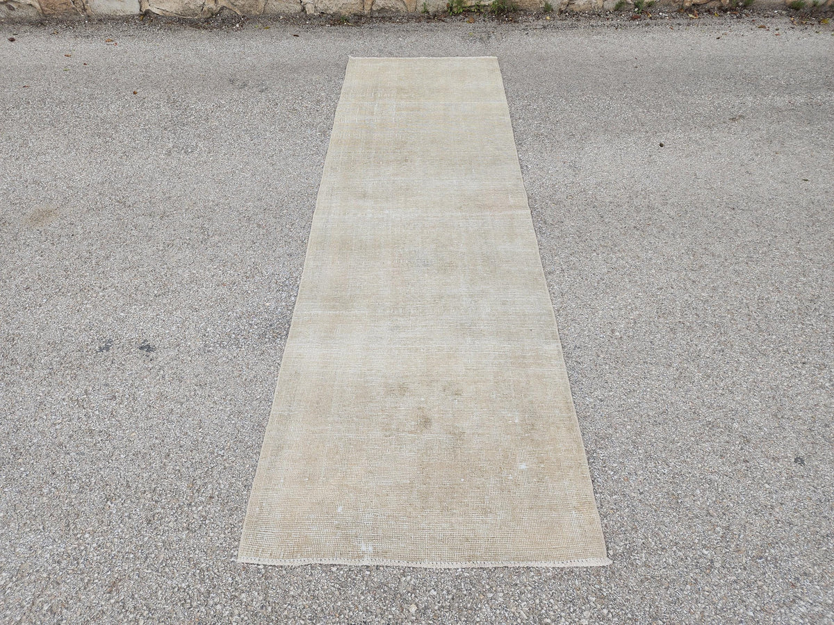 3x11 Neutral Hand-Knotted Turkish Runner Rug, Wool Hallway & Entryway Rug, Rustic Decor