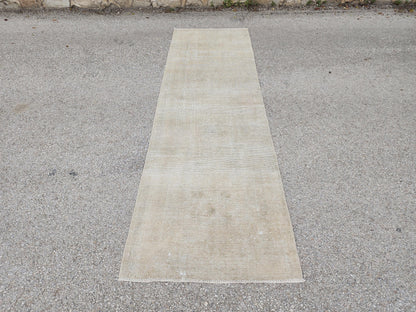3x11 Neutral Hand-Knotted Turkish Runner Rug, Wool Hallway & Entryway Rug, Rustic Decor