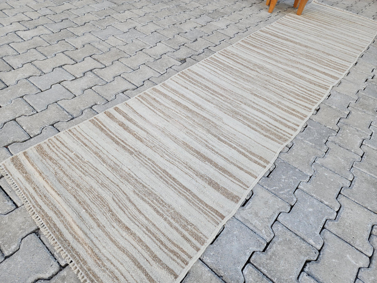 Neutral Turkish Kilim Runner 2x11, Kitchen Bohemian Decor, Eco Friendly Rug