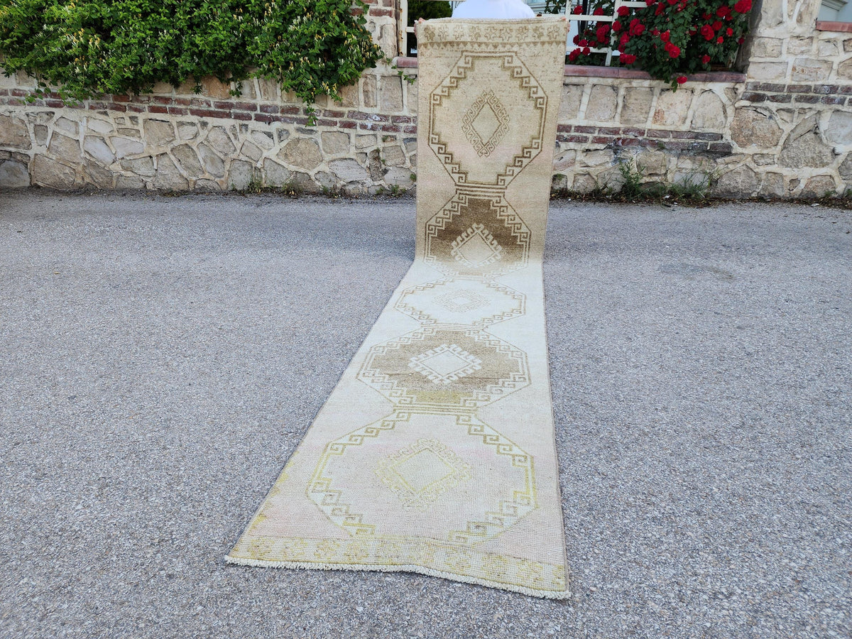 2x12 Neutral Rug, Hand Knotted Wool Turkish Runner, Farmhouse Stair Decor