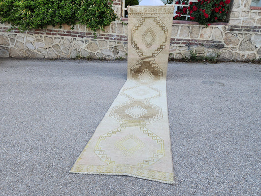 2x12 Neutral Rug, Hand Knotted Wool Turkish Runner, Farmhouse Stair Decor
