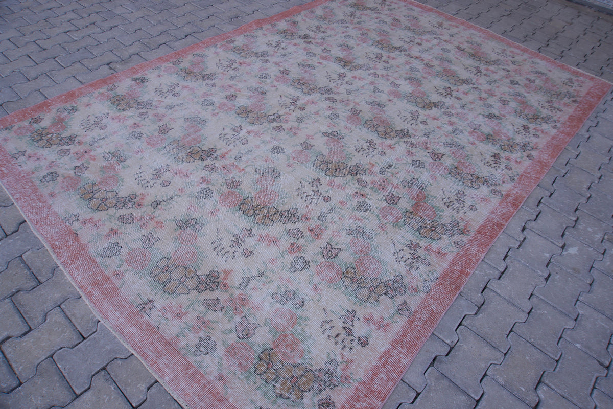 7x10 Neutral Rug, Hand Woven Beige and Faded Red Wool, Living Room Decor