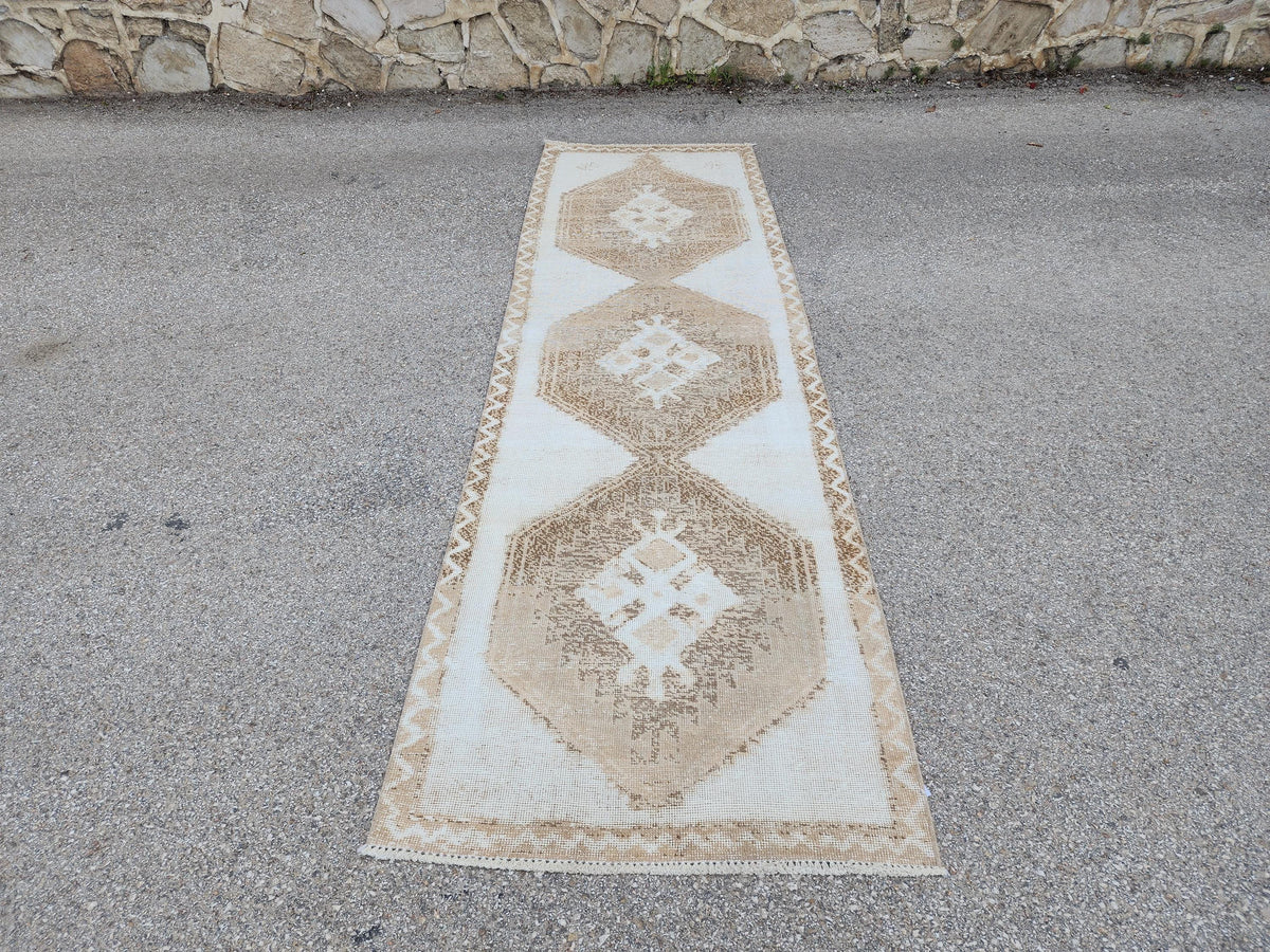 3x11 Wool Turkish Runner Rug: Neutral Rustic Hallway Entry Rug