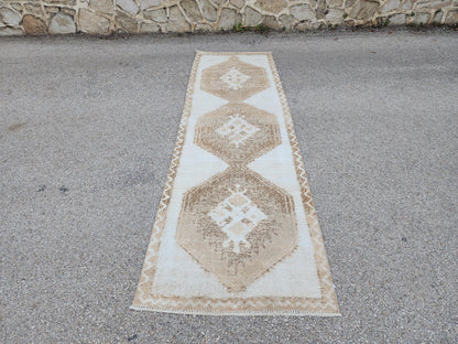 3x11 Wool Turkish Runner Rug: Neutral Rustic Hallway Entry Rug