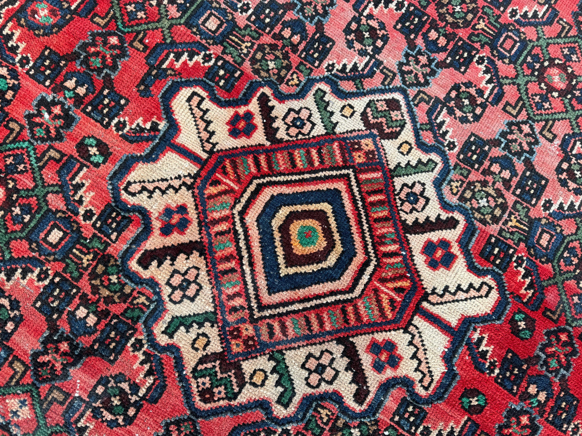 4x7 Vintage Turkish Rug: Red Oushak Handmade Small Rug