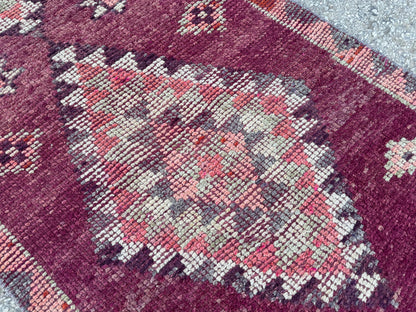 2x8 Tribal Medallion Runner: Handwoven Turkish Wool Purple and Red with Geometric Motifs