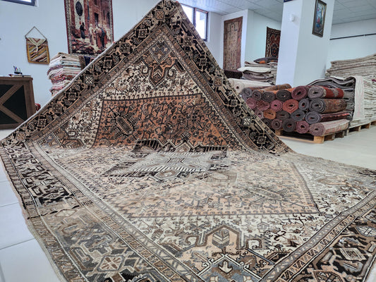 8x10 Vintage Heriz Rug: Faded Stone-Beige and Warm Taupe, Turkish Bohem House Decor