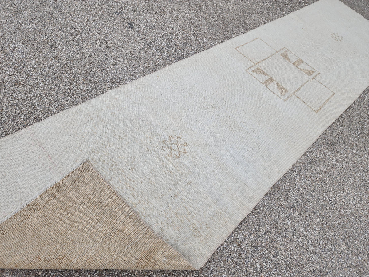 3x12 Muted  Runner Rug: Geometric Turkish Hand Woven, Up Cycled Wool