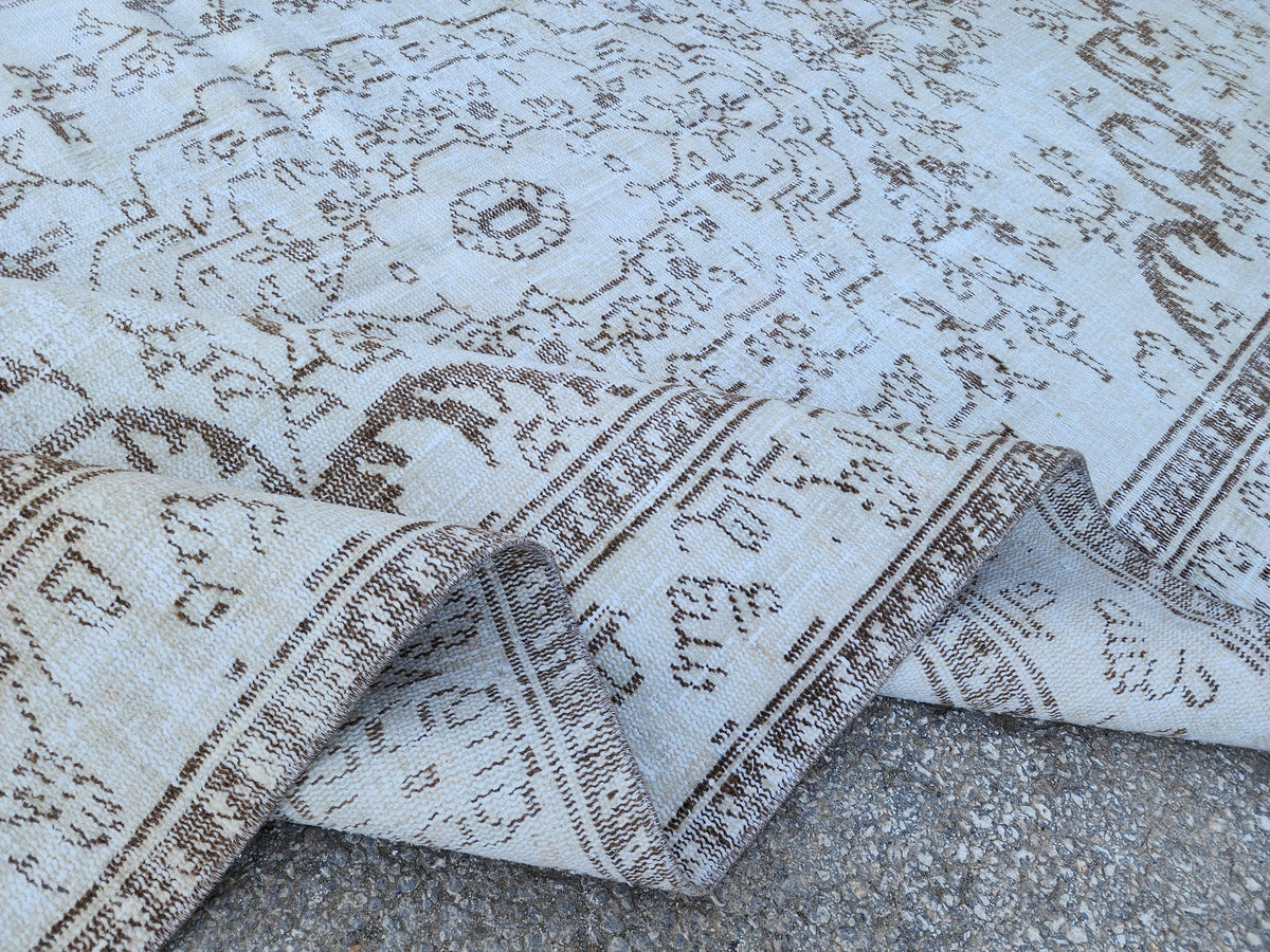 6x9 Turkish Area Rug, White and Brown Hand Knotted, Living Room Rustic Decor