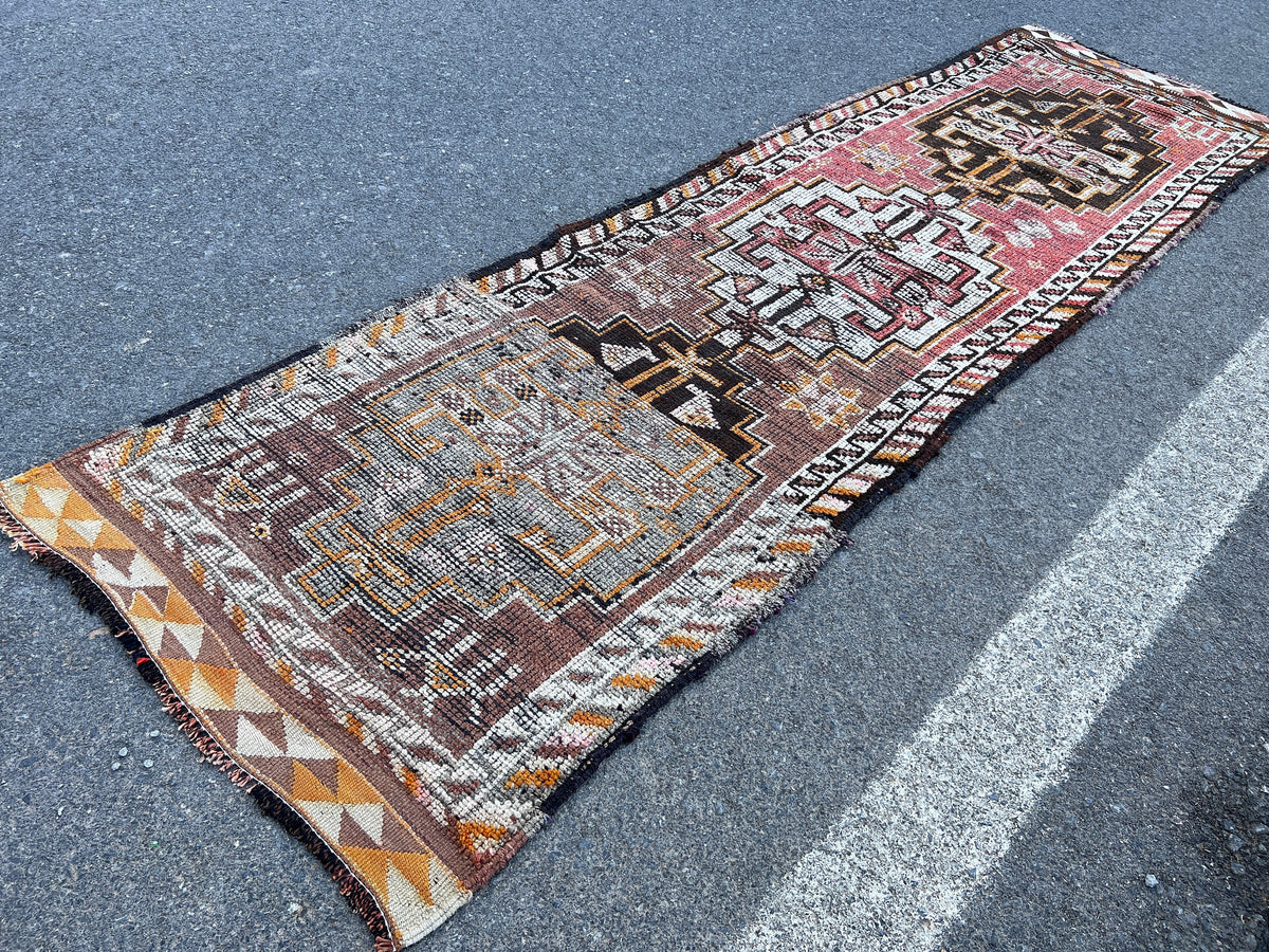 Handwoven Wool Runner Rug: 3x10 Vintage Turkish Herki Rug