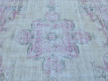 8x11 Vintage Oushak Rug: Pink Wool Turkish Rug