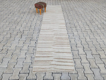 2x11 Hand Knotted Turkish Kilim Runner Rug: Neutral Wool, Rustic Decor