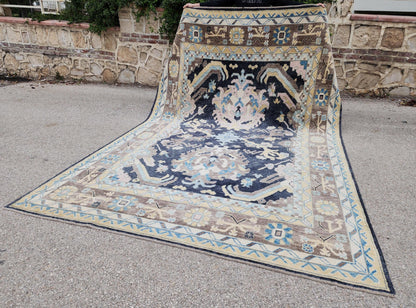 8x11 Navy Blue Oushak Rug: Handwoven Turkish Wool Medallion design, Patina Blue Home Decor