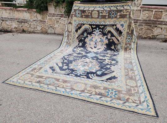8x11.2 ft Turkish Oushak Wool Rug – Navy & Blue, Living Room