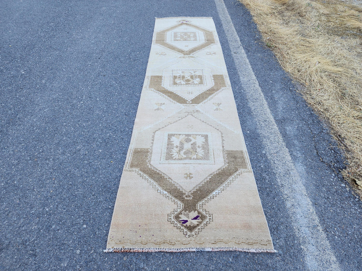 3x12 Neutral Runner Rug, Home Decor, Turkish Hand Made Up Cycled Wool