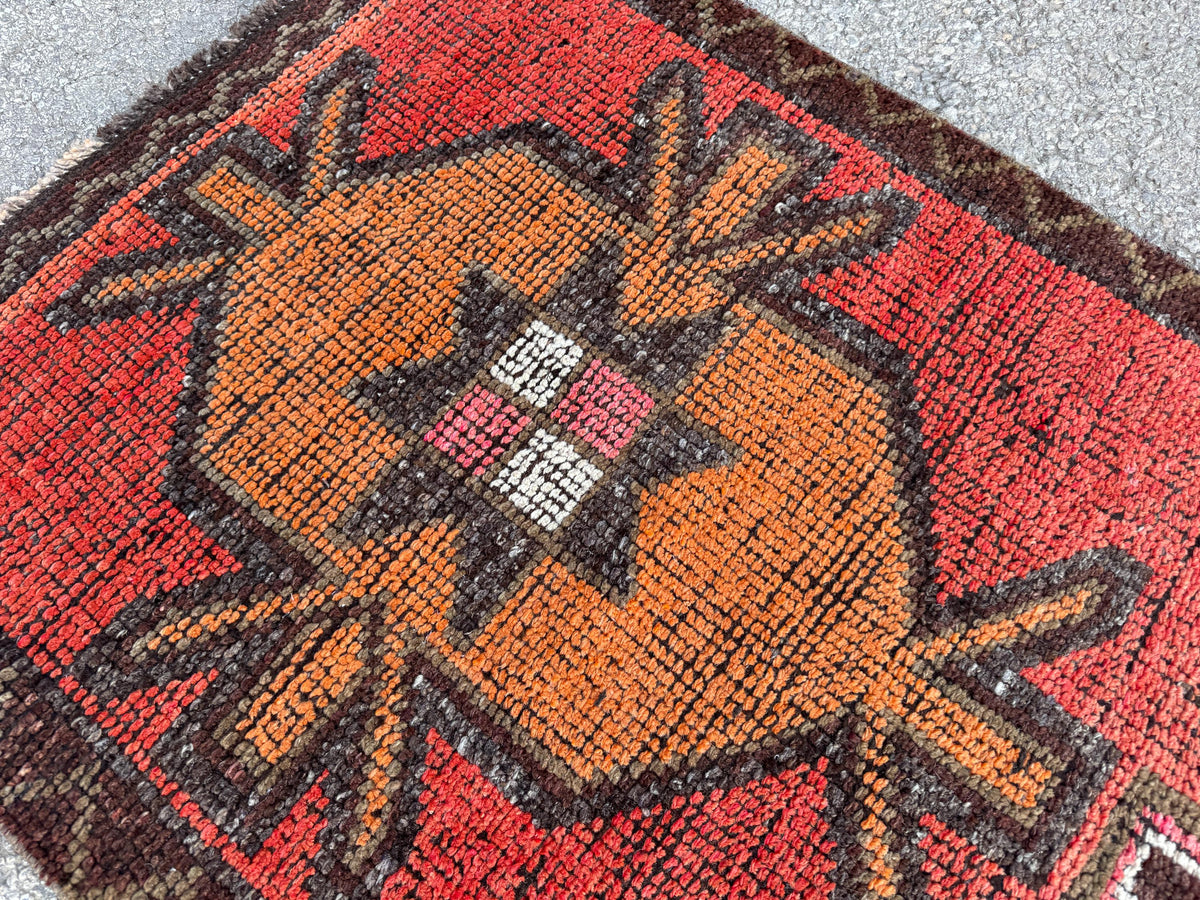 3x9 Geometric Herki Runner: Handwoven Wool in Red and Brown Tribal Design