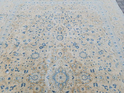 Oversized Vintage Rug 9x13: Hand Knotted Wool, Neutral Blue & Cream