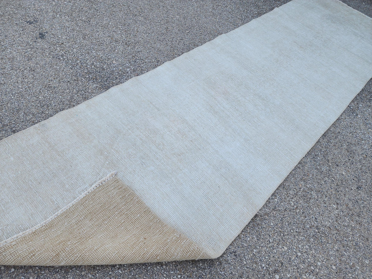 Ivory Wool Runner Rug 3x11: Hand Knotted Turkish Up Cycled Wool, Hallway Decor