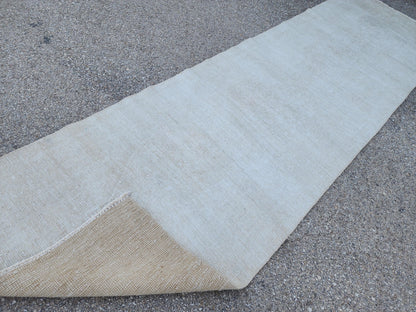 Ivory Wool Runner Rug 3x11: Hand Knotted Turkish Up Cycled Wool, Hallway Decor