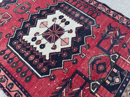3x9 Vintage Wool Runner Rug: Hand Made, Persian Geometric Design, Medallion Pattern